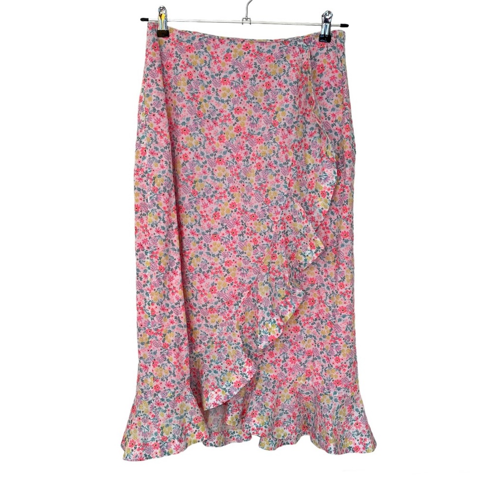 EDDY Floral Cotton Ruffle Bohemian Midi Skirt Pink Multi Size US 6